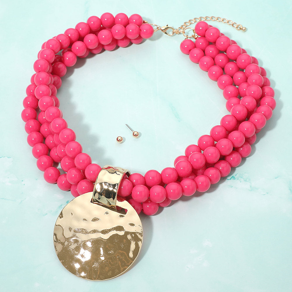 Bold Hammered Disc Plate Pendant Accent Multi Strand Beaded Statement Necklace