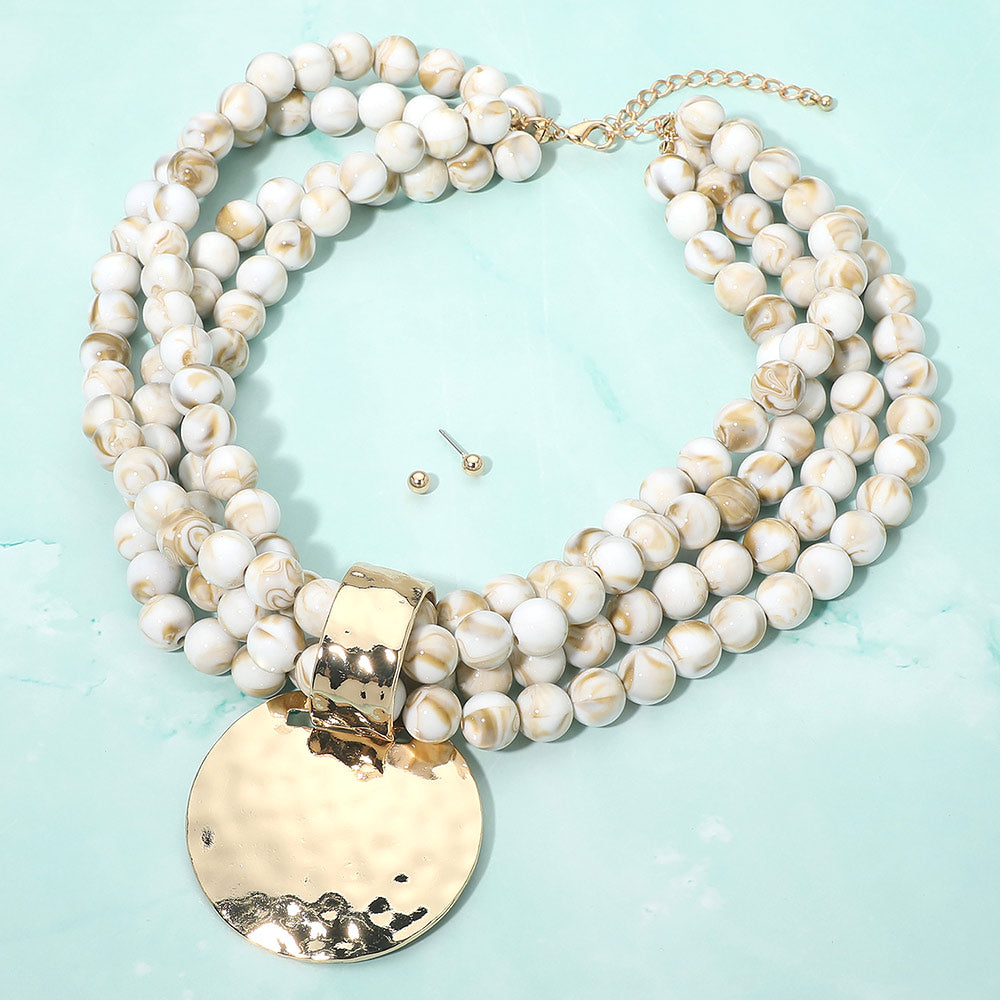 Bold Hammered Disc Plate Pendant Accent Multi Strand Beaded Statement Necklace