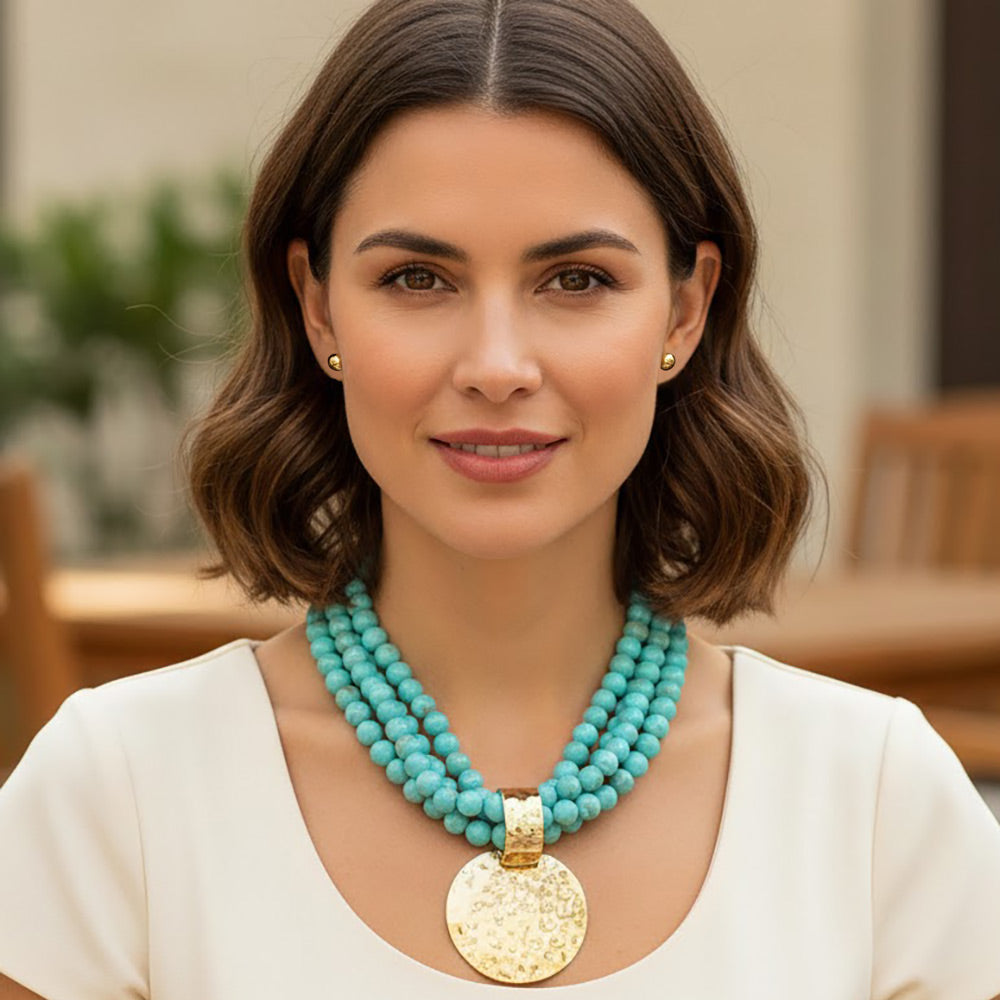 Bold Hammered Disc Plate Pendant Accent Multi Strand Beaded Statement Necklace