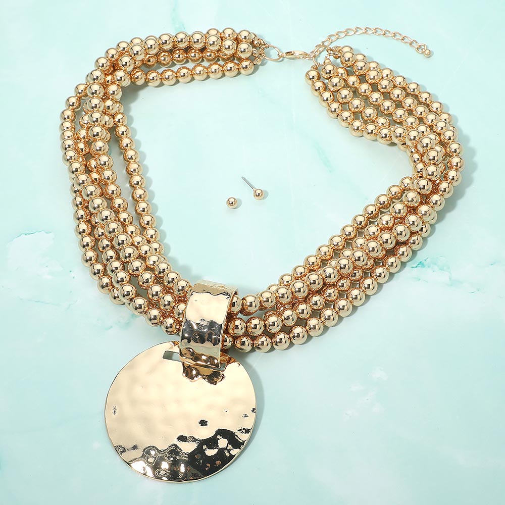 Bold Hammered Disc Plate Pendant Accent Multi Strand Beaded Statement Necklace