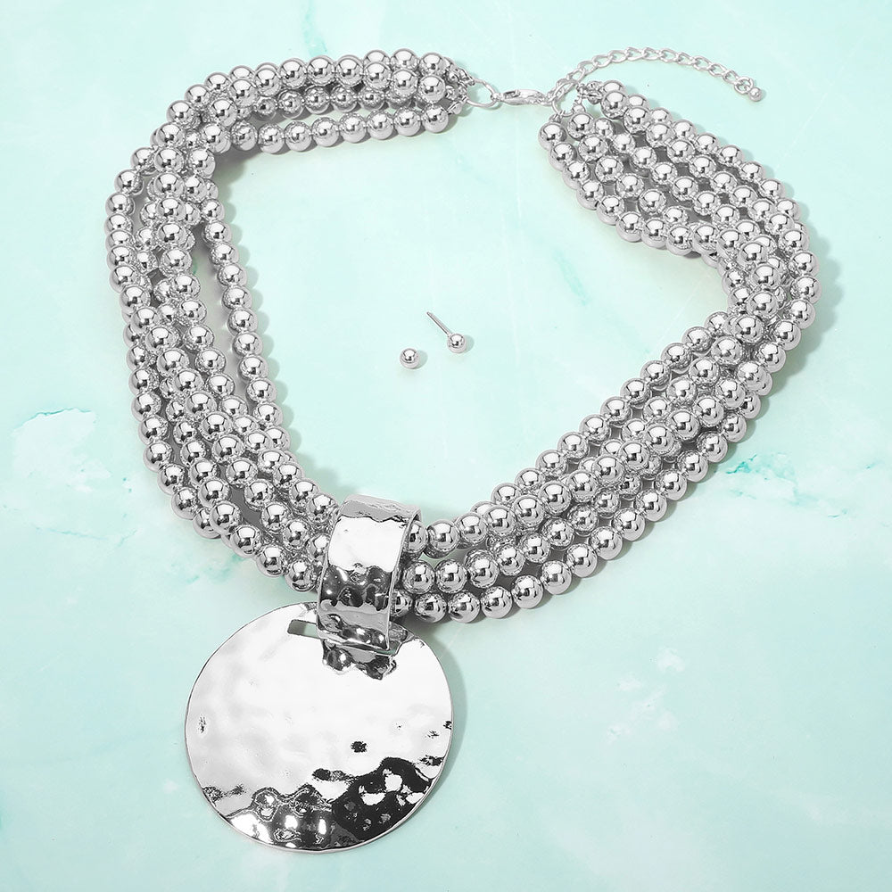 Bold Hammered Disc Plate Pendant Accent Multi Strand Beaded Statement Necklace
