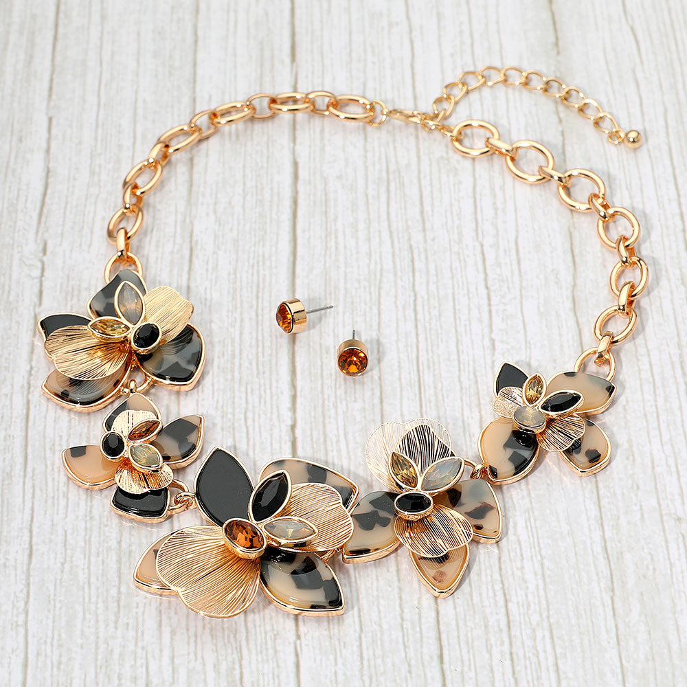Stone Accent Resin Metal Cutout Floral Link Statement Necklace