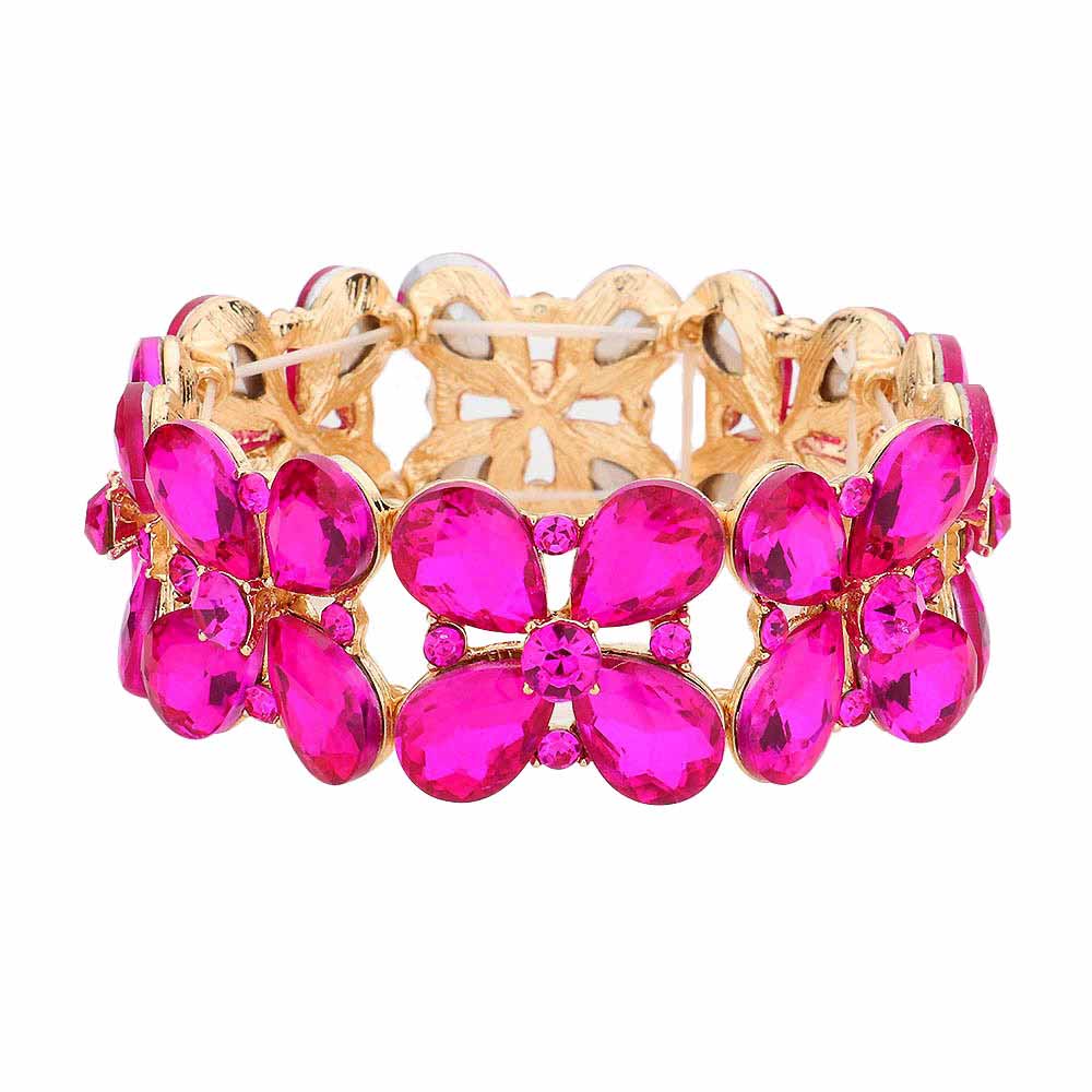 Floral Teardrop Glass Crystal Stretch Evening Bracelet
