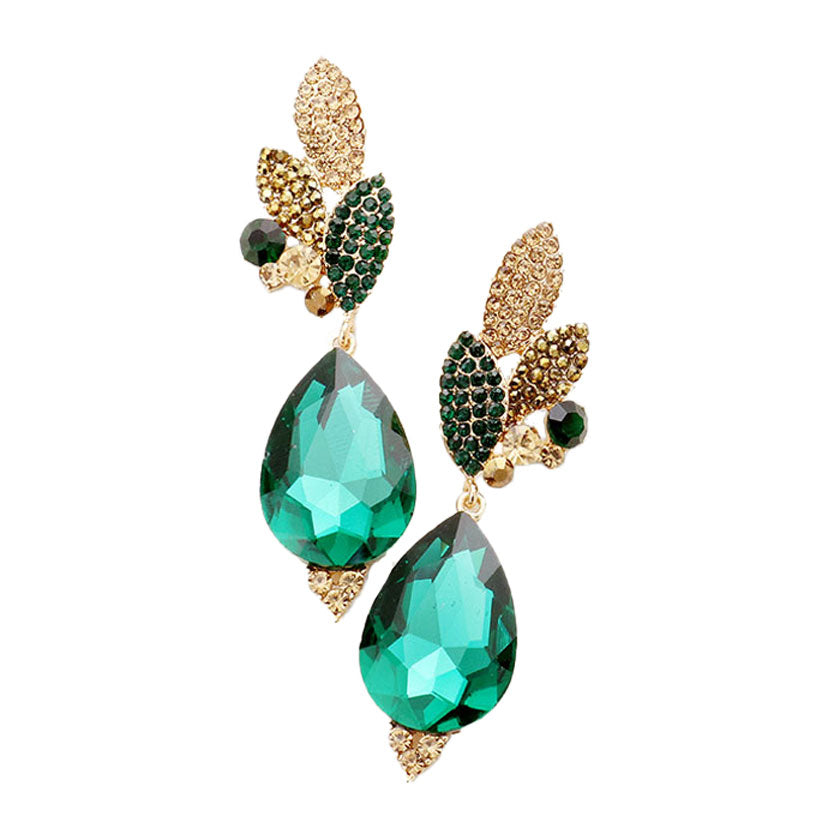 Crystal Rhinestone Pave Leaf Teardrop Evening Earrings