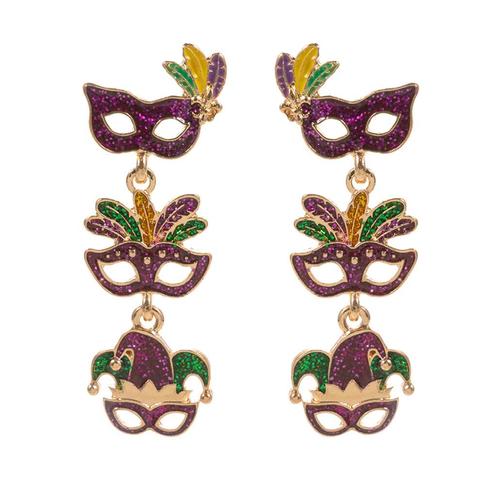 Women's Glittered Enamel Mardi Gras Mask Link Dropdown Dangle Earrings