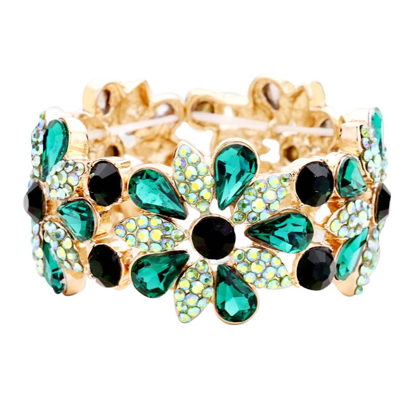 Teardrop Stone Accented Flower Stretch Evening Bracelet