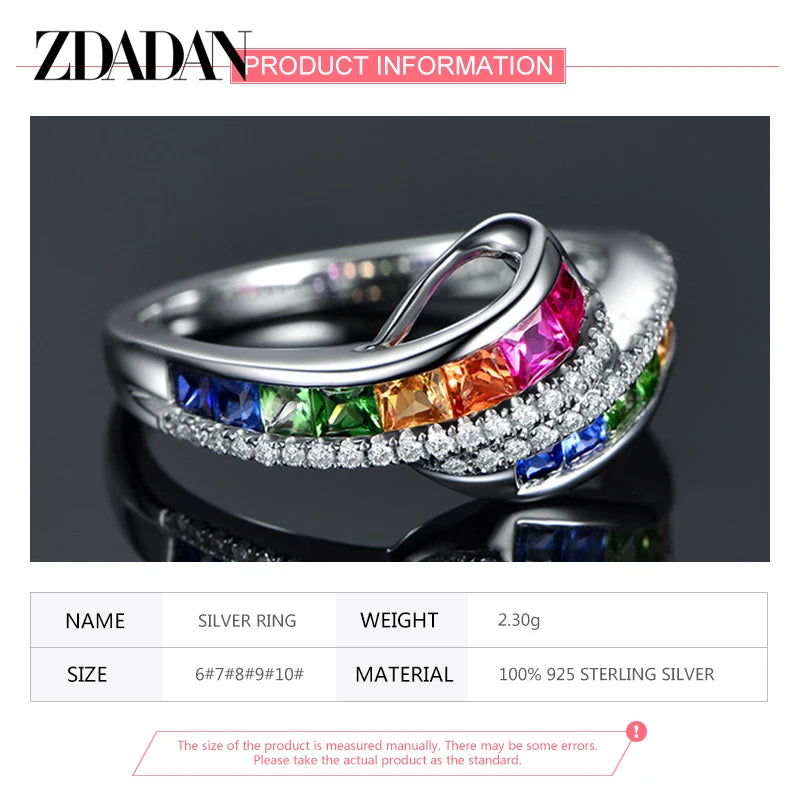 ZDADAN 925 Sterling Silver Charm Crystal Zircon Ring For Women Fashion Wedding Party Jewelry