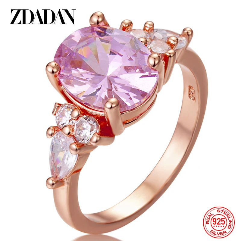 ZDADAN 925 Sterling Silver Pink Crystal Ring For Women Fashion Party Jewelry Wholesale