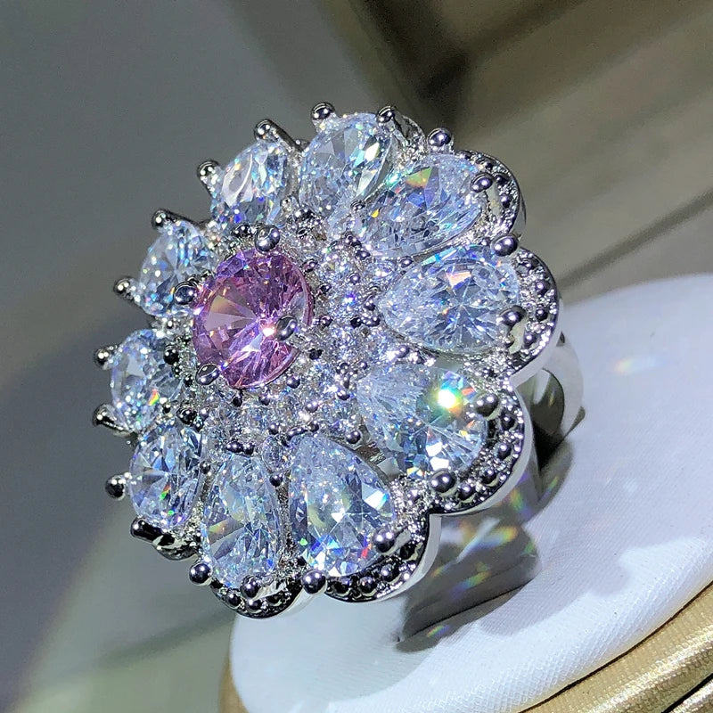 925 Silver Trendy Luxury Jewelry Ladies Shiny White Zirconia Crystal Flower Female Ring for Women Party Wedding