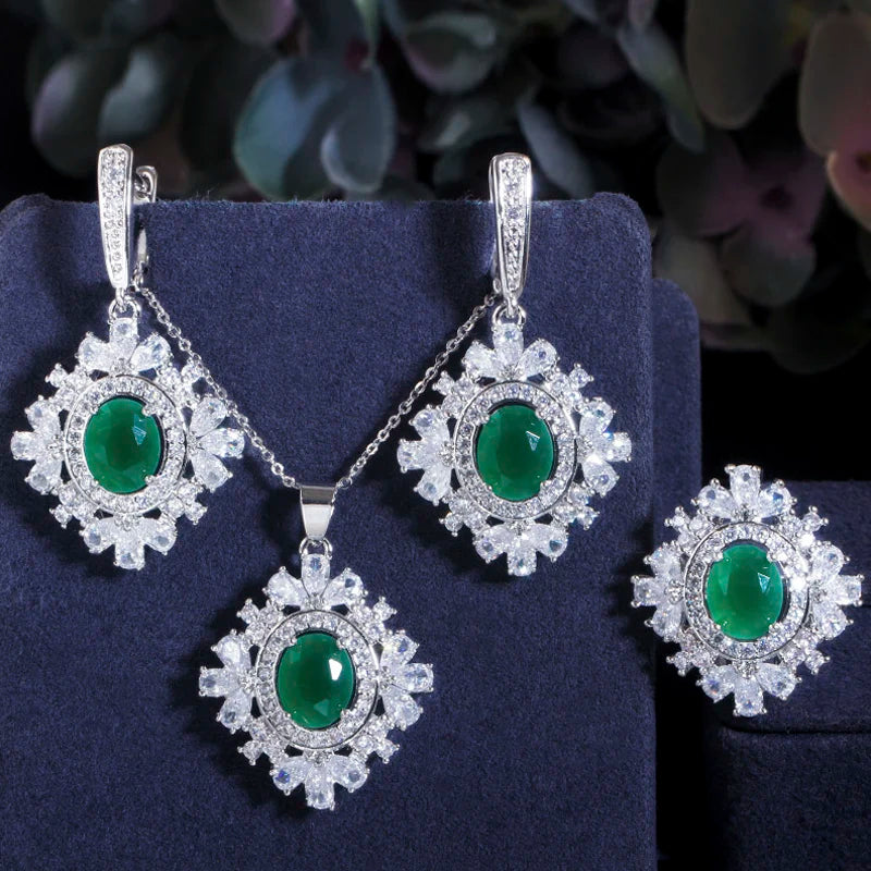 ThreeGraces Elegant Green Cubic Zirconia Geometric Earrings Ring Necklace Daily Party Jewelry Set for Women Accessories JS702