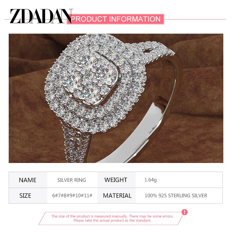 ZDADAN 925 Sterling Silver Square CZ Ring For Women Fashion Jewelry Accessories Wholesale Gift