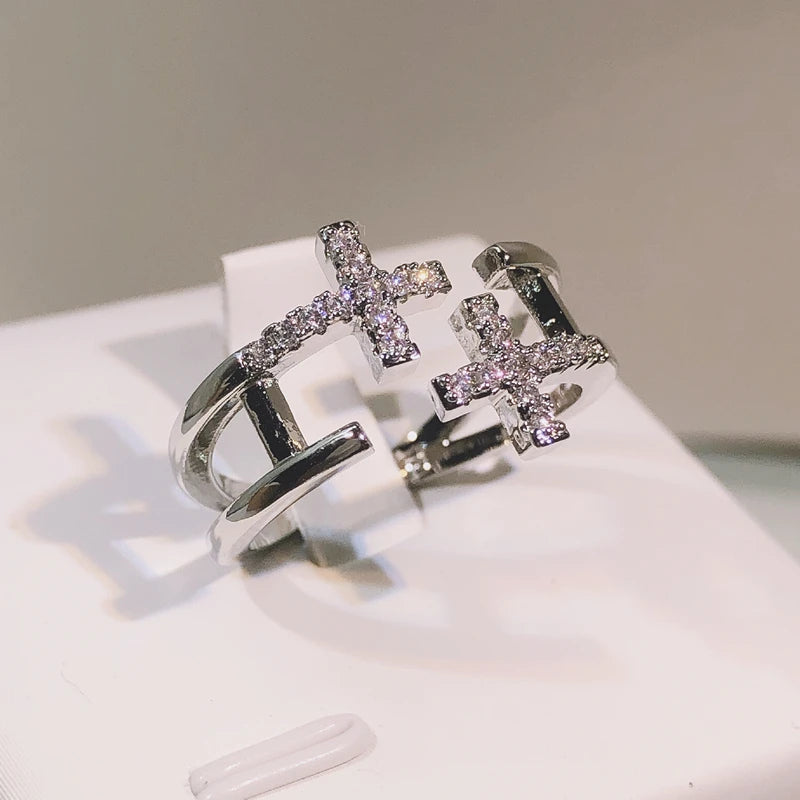 925 Sterling Silver Open Double Zircon Cross Rings For Woman Gothic Accessories Fashion Jewelry Party Irregular Ring