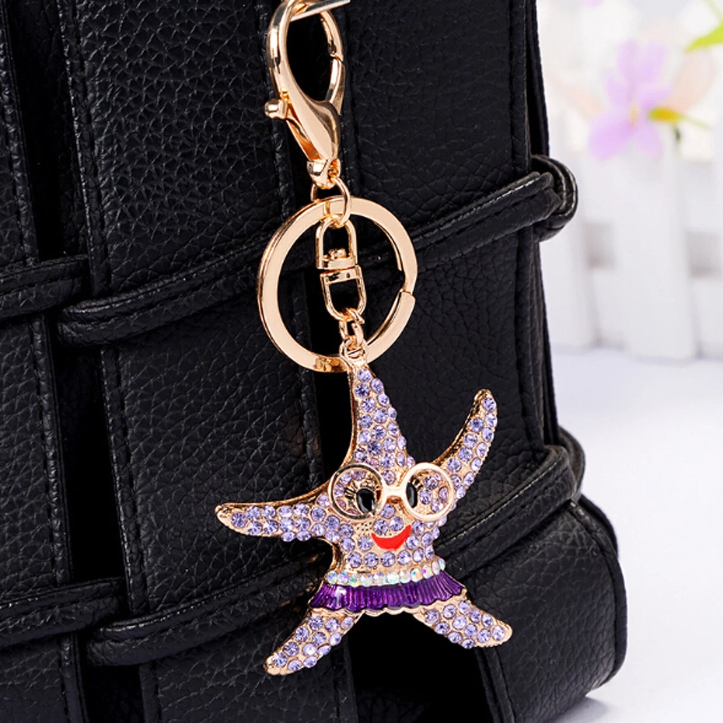 Fashion Rhinestone Crystal Metal Keychain Lovely Cartoon Marine Style Tortoise Fish Dolphin Keyring HandBag Car Pendant Gift