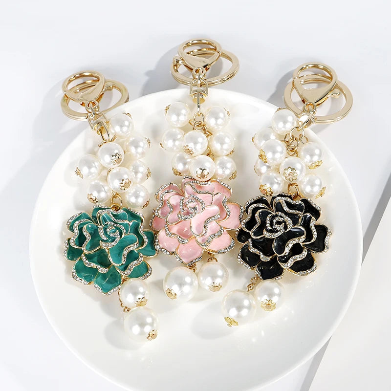 Flower Pearl  Keychain Leather bag pendant key chain Car pendant Flower Rose Gift Souvenirs keychain