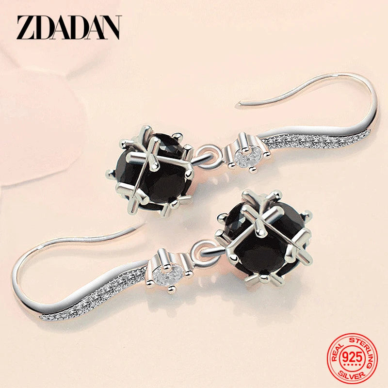 ZDADAN 925 Sterling Silver Black Round Zircon Drop Earrings For Women Fashion Wedding Jewelry Gift