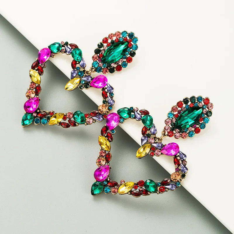KMVEXO Fashion Boho Colorful Heart Crystal Earrings For Women 2023 New Rhinestone Statement Heart Stars Drop Earrings Bijoux