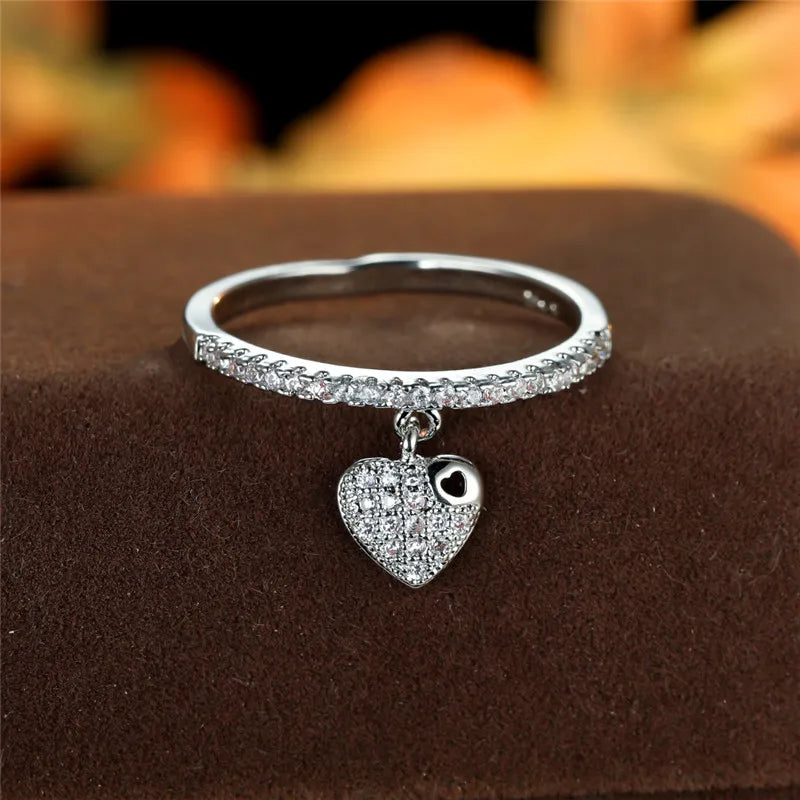 Luxury Female Crystal Heart Pendant Rings Trendy Gold Silver Color Engagement Ring Charm White Zircon Wedding Jewelry For Women