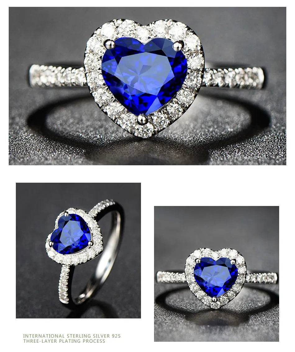 ZDADAN 925 Sterling Silver Heart Blue Gemstone Rings For Women Wedding Jewelry Fashion Gift