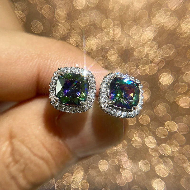 Huitan Luxury Cubic Zirconia Stud Earrings Female Silver Color Fashion Jewelry for Women 2021 Trend Versatile Accessories