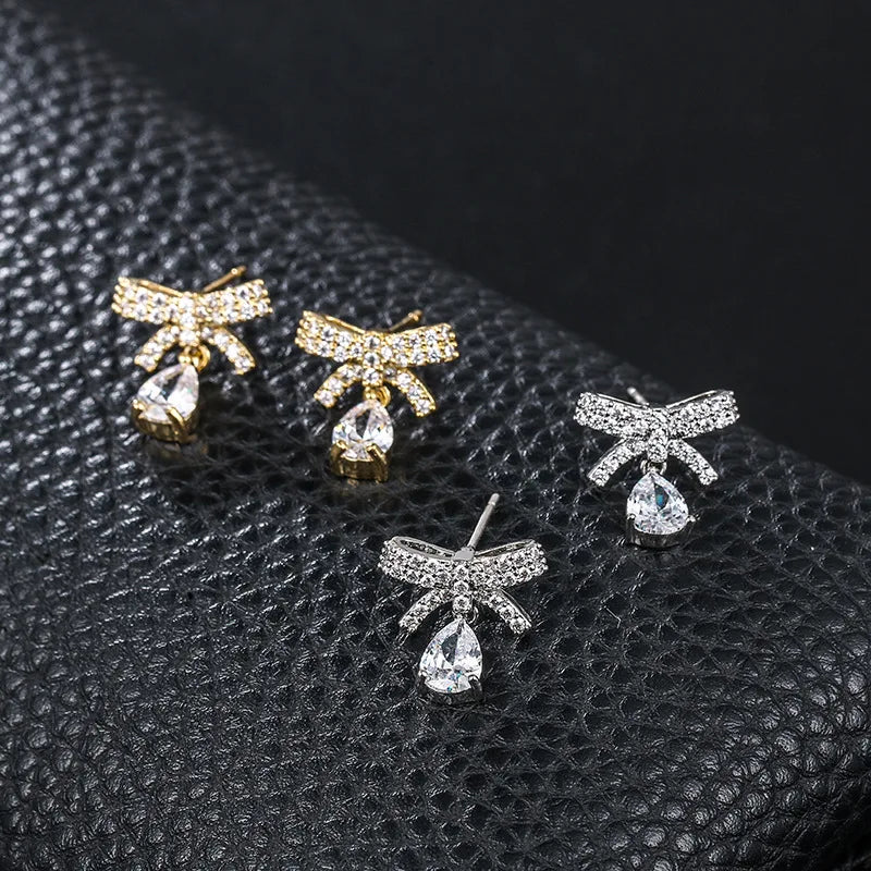 2020 Dangle Drop Earrings Stud Women Water Bowknot Zircon Two Color Gold Silver Jewelry Small Cute Gift For Girlfriend