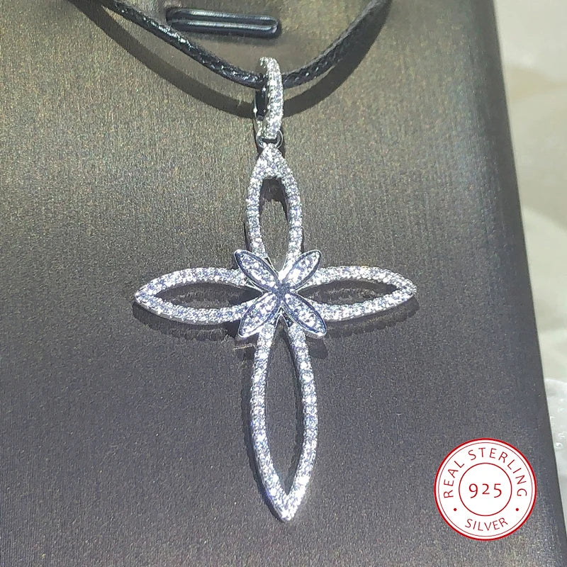 925 Silver New Jewelry Crystal Flower Pendant Necklace Exaggerate Atmosphere Personality Four-Leave Flower Chain For Women Party