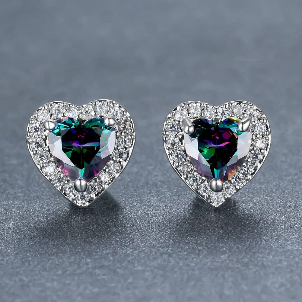Dainty Female Rainbow Crystal Stone Jewelry Charm Silver Color Small Stud Earring Cute Heart Zircon Wedding Earrings For Women