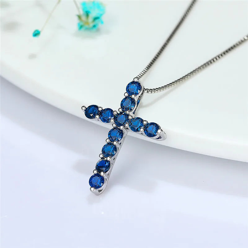 Luxury Female Crystal Blue Purple Pendant Necklace Charm Silver Color Chain Zircon Stone Wedding Jewelry For Women