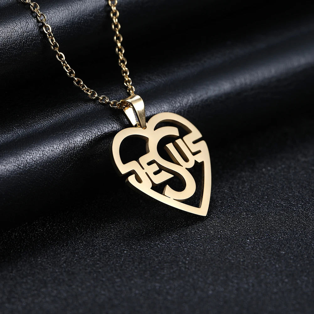 My Shape Stainless Steel Necklace Christian Jewelry Heart Jesus Cross Shaped Steel Color Gold Color Pendant Chain Jewelry Gifts