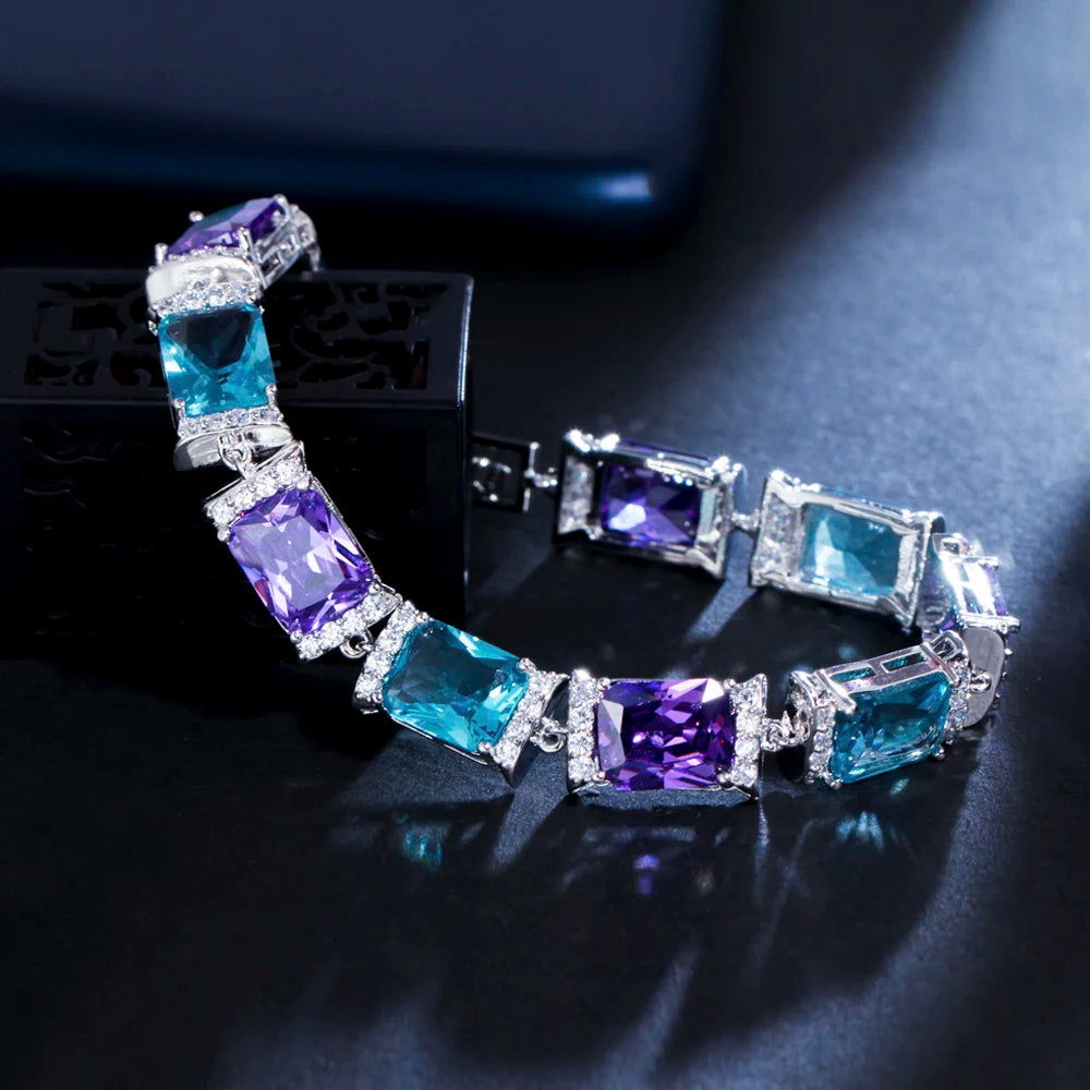 ThreeGraces Elegant Shiny Blue Purple Cubic Zirconia Geometric Rectangle Link Chain Tennis Bracelets for Women Jewelry BR191