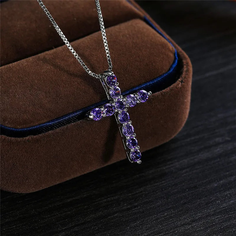 Luxury Female Crystal Blue Purple Pendant Necklace Charm Silver Color Chain Zircon Stone Wedding Jewelry For Women