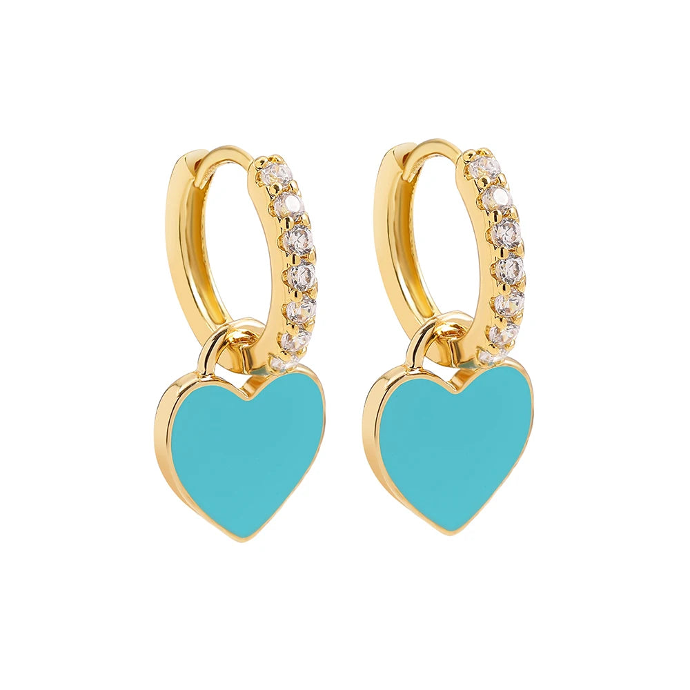 New Trendy Rhinestone Small Circle Hoops with Cute Candy Neon Color Heart Hanging Earrings for Women Gold Plated Huggies Jewelry