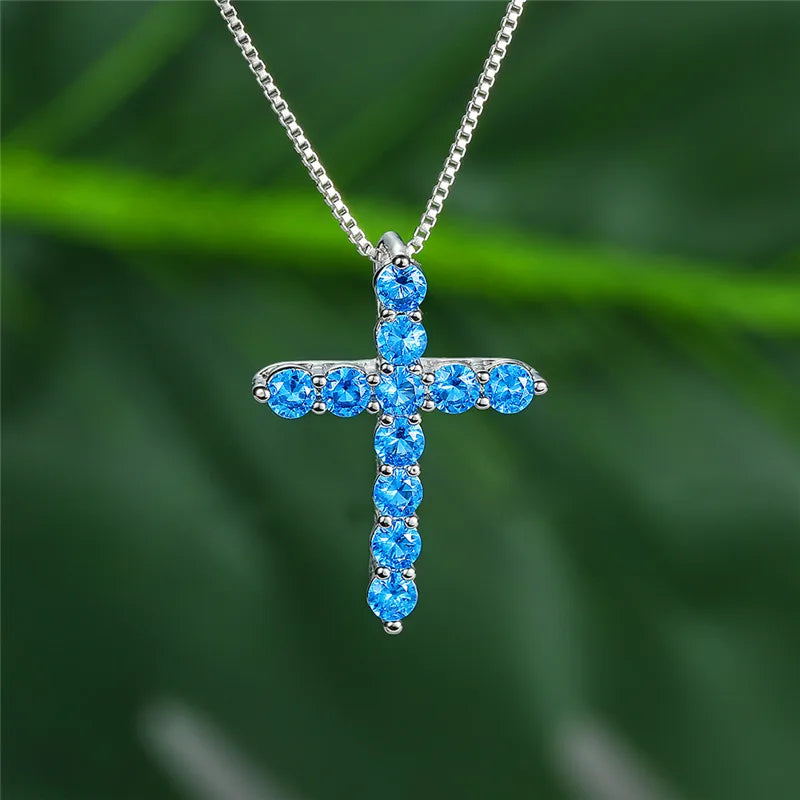 Luxury Female Crystal Blue Purple Pendant Necklace Charm Silver Color Chain Zircon Stone Wedding Jewelry For Women
