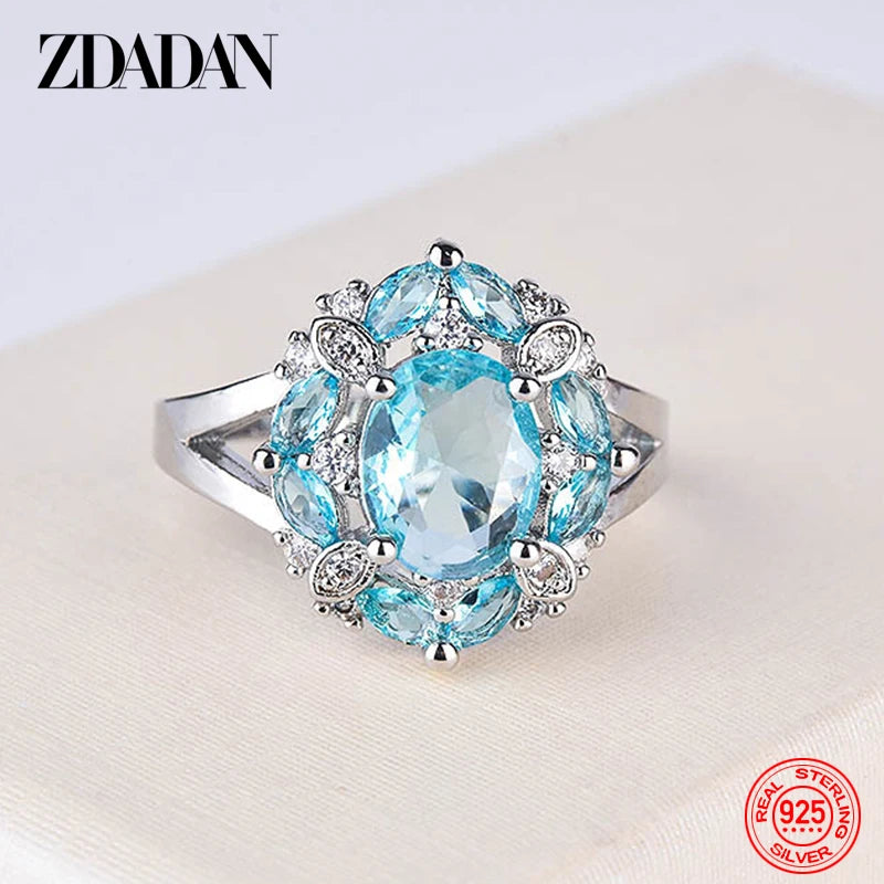 ZDADAN 925 Sterling Silver Flower Red Zircon Rings For Women Fashion Wedding Jewelry
