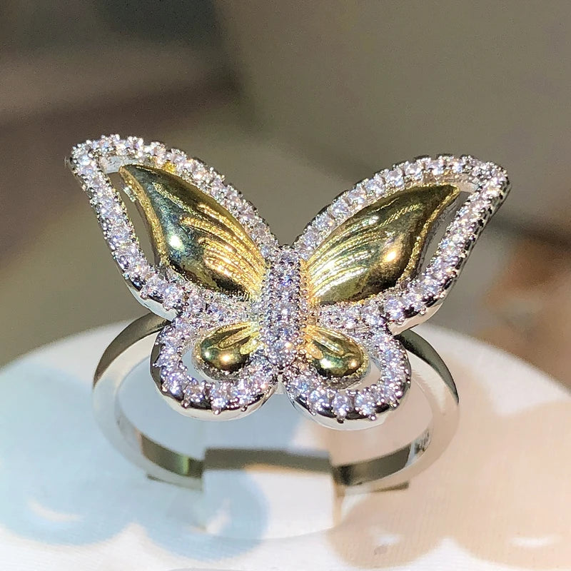 925 Sterling Silver Atmospheric Two-Color Butterfly White Zircon Ring Gold Bow For Ladies Party Outing Jewelry Gift