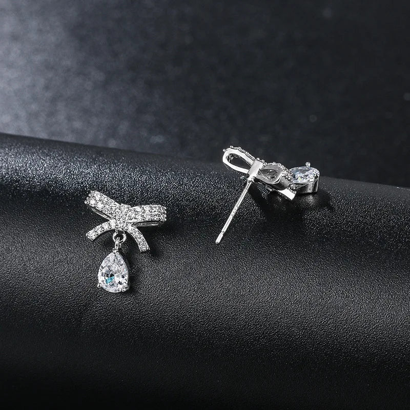 2020 Dangle Drop Earrings Stud Women Water Bowknot Zircon Two Color Gold Silver Jewelry Small Cute Gift For Girlfriend