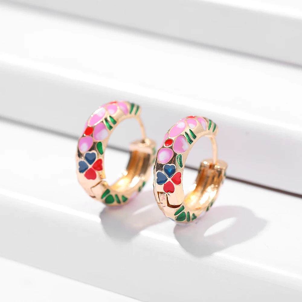 New Trendy Flower Enamel Hoop Earrings for Women Boho Statement Round Circle Huggie Earring Fashion Jewelry 2021 Brincos