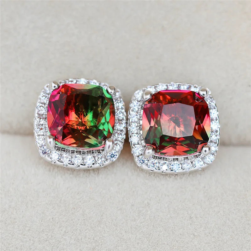 Luxury Female Square Blue Stone Earrings Cute Zircon Double Wedding Jewelry Simple Silver Color Stud Earrings For Women