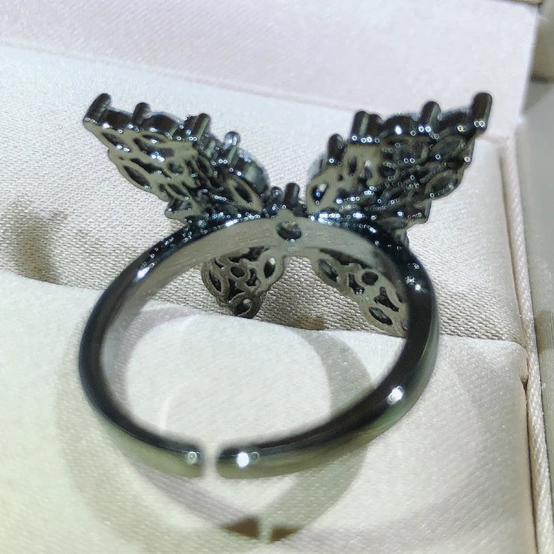 925 Sterling Silver Vintage Romantic Black Gold Butterfly Ring Adjustment Antique Ring Ladies Elegant Jewelry Party Birthday Gif