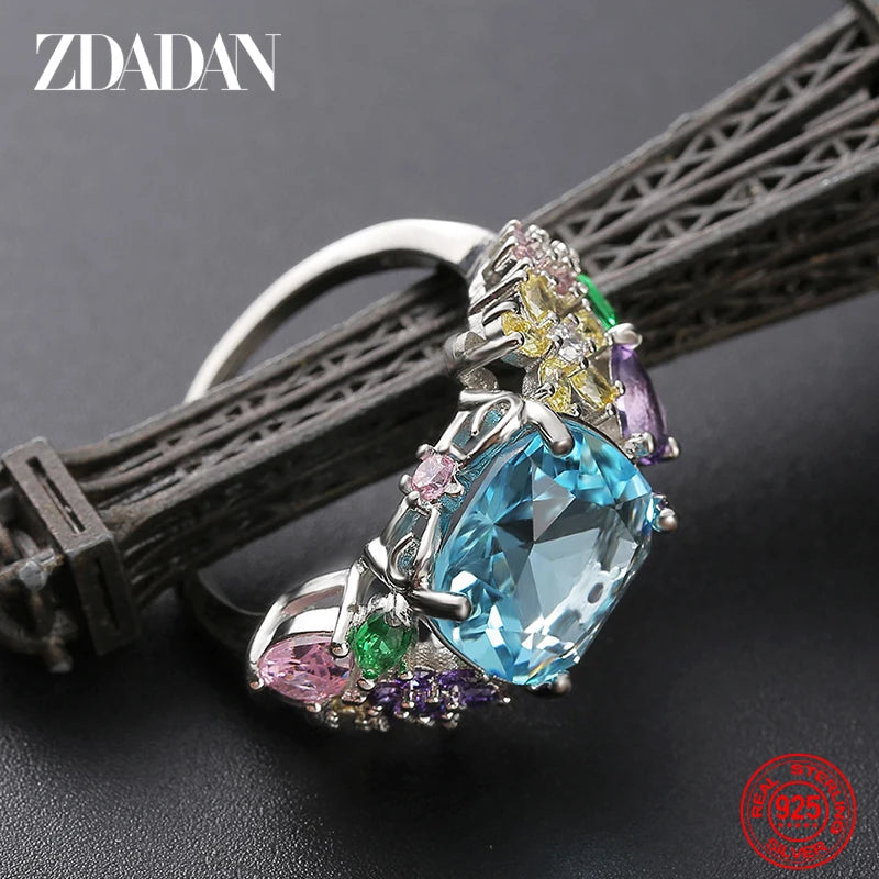 ZDADAN 925 Sterling Silver Square Gemstone Ring For Women Fashion Glamour Gift Wedding Jewelry