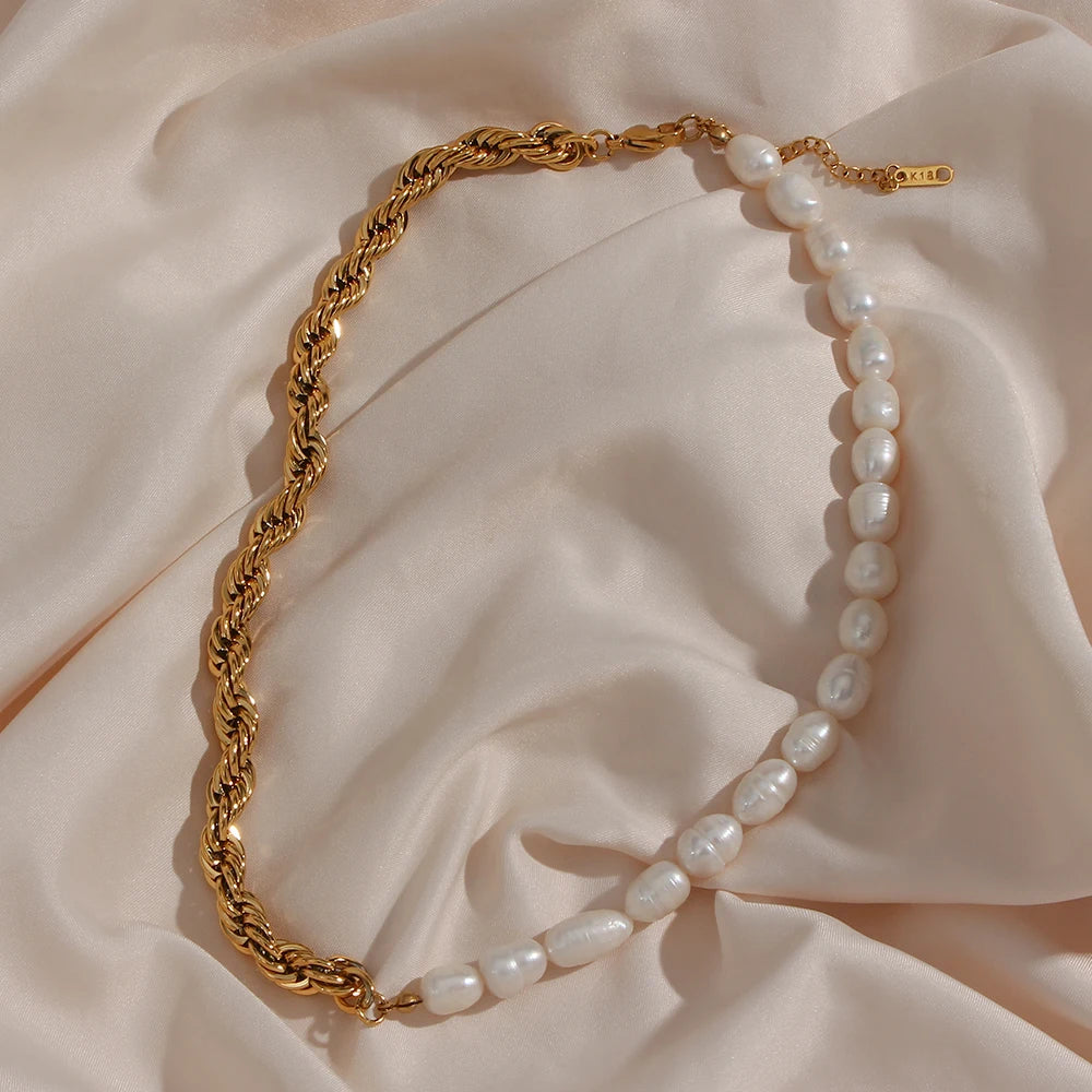 E.B.belle Bold Twisted Rope Chain Splicing with Freshwater Pearl Chunky Chain Necklace Jewelry On The Neck For Women