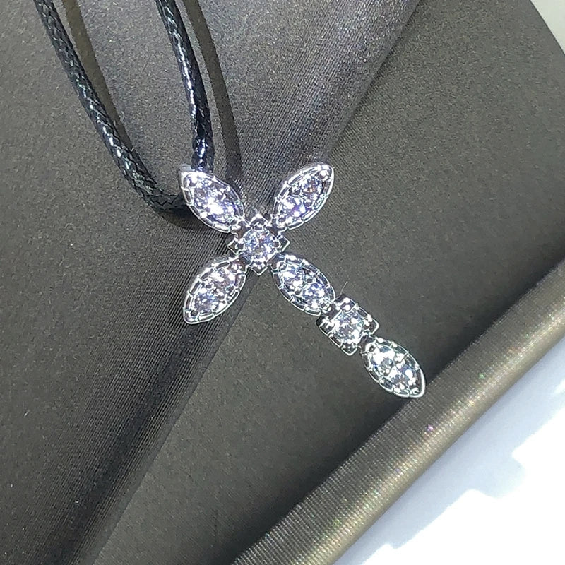 925 Silver Exquisite Cross Necklace Jewelry Women's Wedding Fashion Cross CZ Crystal Zircon Pendant Necklace Valentine's Day Gif