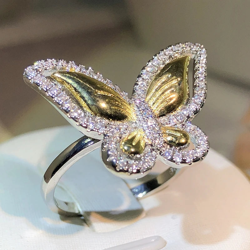 925 Sterling Silver Atmospheric Two-Color Butterfly White Zircon Ring Gold Bow For Ladies Party Outing Jewelry Gift