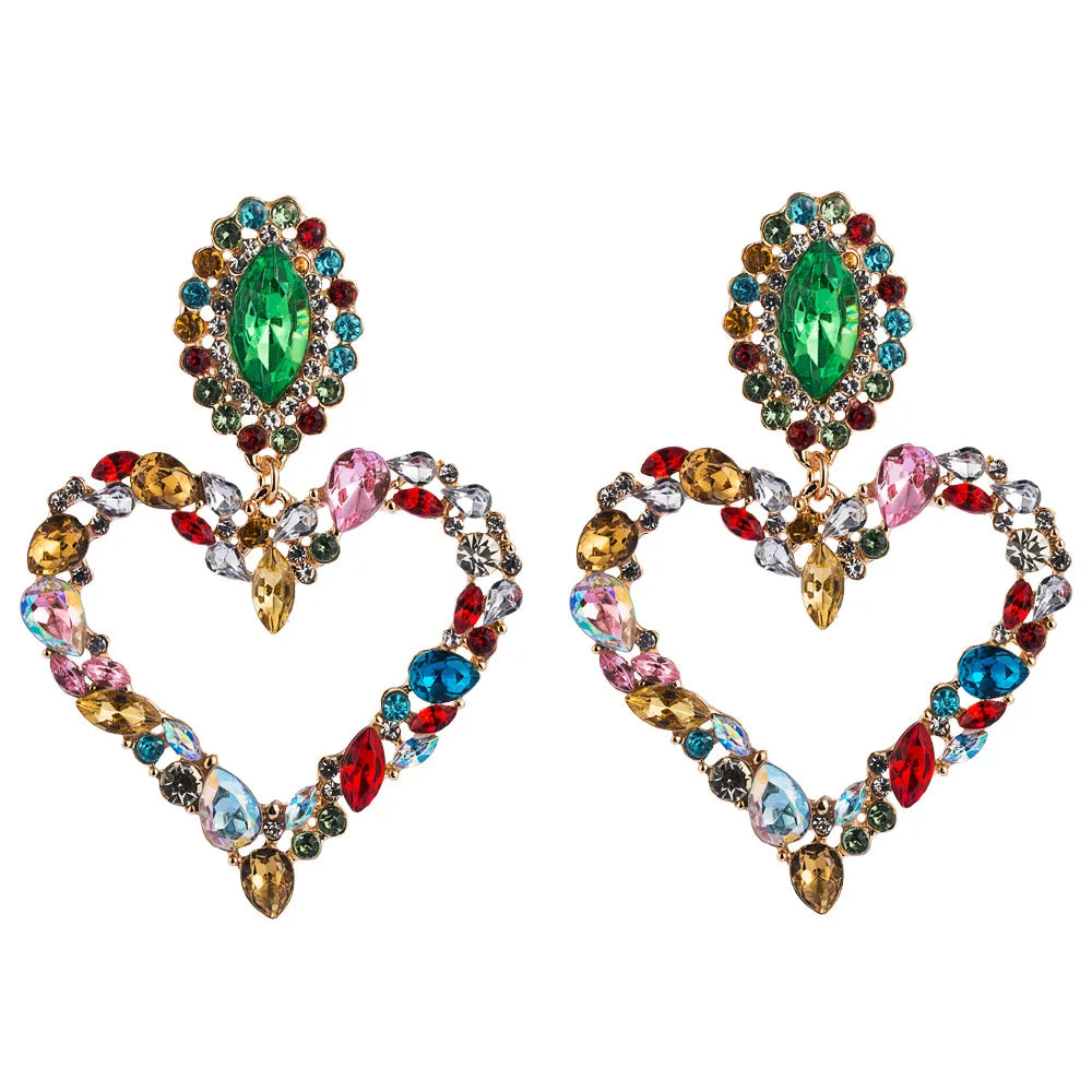 KMVEXO Fashion Boho Colorful Heart Crystal Earrings For Women 2023 New Rhinestone Statement Heart Stars Drop Earrings Bijoux