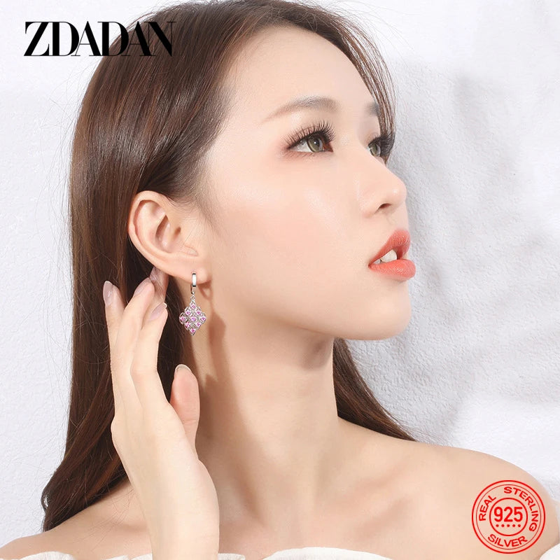 ZDADAN 925 Sterling Silver Purple Zircon Geometric Earrings For Women Fashion Jewelry