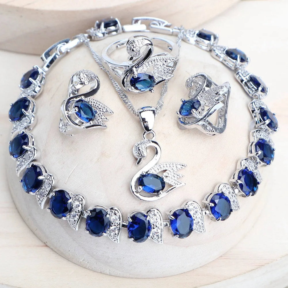 Trendy Women Bridal Jewelry Sets For 925 Sterling Silver Blue Cubic Zirconia Wedding Earrings Rings Bracelets Pendant Necklace