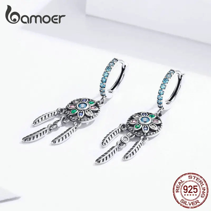 BAMOER 925 Sterling Silver Bohemia Dreamcatcher Hanging Drop Earrings for Women Boho Style Earrings Fashion Jewelry 2 Colors