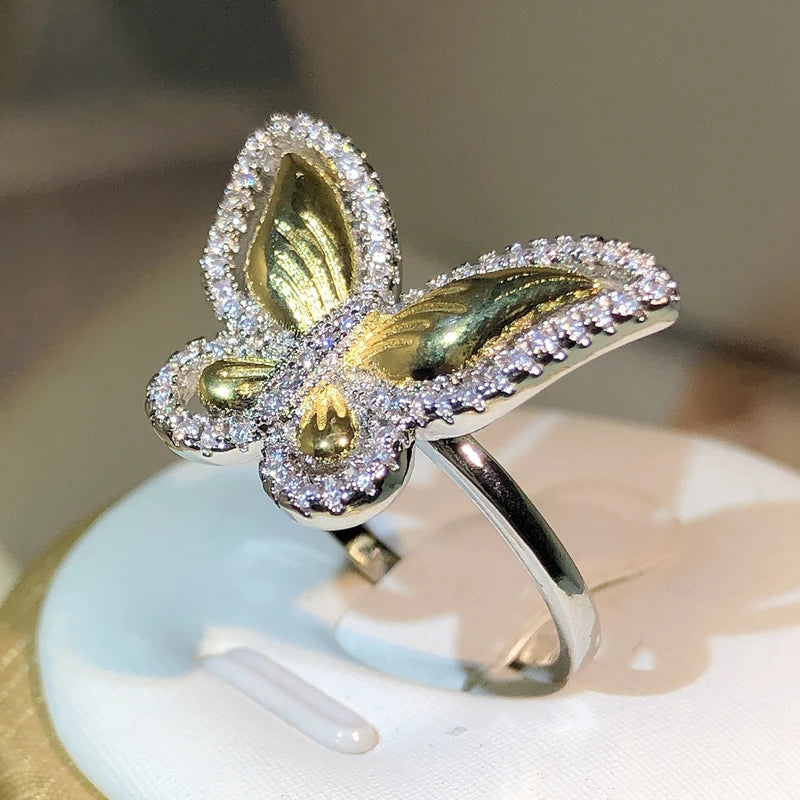 925 Sterling Silver Atmospheric Two-Color Butterfly White Zircon Ring Gold Bow For Ladies Party Outing Jewelry Gift