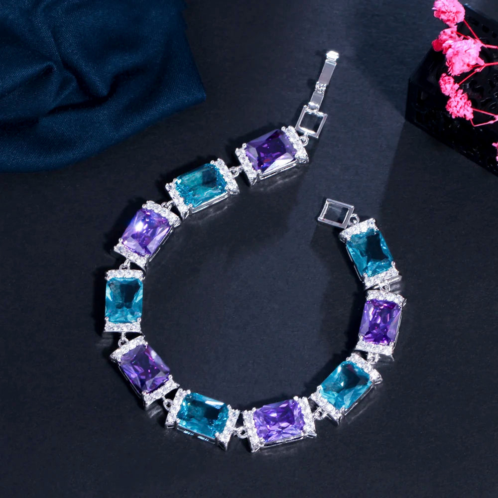 ThreeGraces Elegant Shiny Blue Purple Cubic Zirconia Geometric Rectangle Link Chain Tennis Bracelets for Women Jewelry BR191