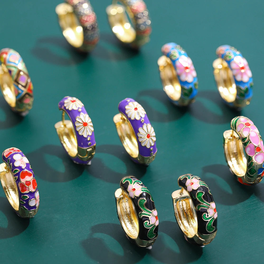 New Trendy Flower Enamel Hoop Earrings for Women Boho Statement Round Circle Huggie Earring Fashion Jewelry 2021 Brincos