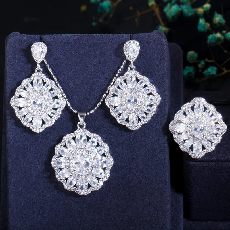 ThreeGraces Romantic Purple Cubic Zirconia Crystal Chic Earrings Pendant Necklace Ring for Women Party Banquet Jewerly JS512